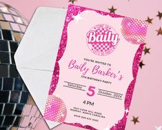 a pink birthday party card with disco ball and stars on the side, next to a fan