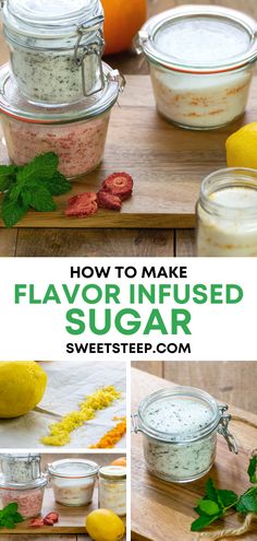 how to make flavored sugar in glass jars with lemons and mint on the side