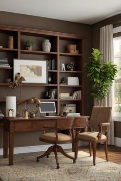 home decorating, interior design, space planning, kitchen designs Home Office Brown Walls, Dietitian Office, Color In Home, Brown Home Office, Office Brown, Brown Office, Colorful Desk, In Home Office, Sleek Furniture