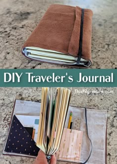 a hand holding an open travel journal with the title diy traveler's journal