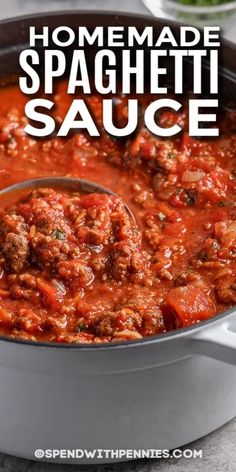 homemade spaghetti sauce in a pot with a ladle