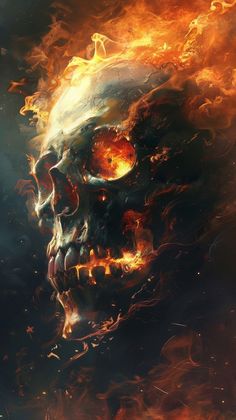 a skull with flames in the background