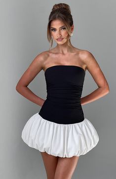 Let us upgrade your new season line up with this cute mini. Made in stretch crepe with a body-hugging fit, it feature a strapless neckline, dropped waist and flirty gathered puffball skirt. Style with strappy heels for your next dinner reservation.     Colour: Black/White.  Premium stretch crepe fabric.  Fully lined.  Strapless neckline.  Pleating to the body.  Dropped waist design.  Gathered puffball skirt.  Invisible zipper fastening.  Mini length.  Model is an XS and is wearing an XS.   Size: Puffball Skirt, Homecoming Dresses Corset, White Dress Spring, Midi Dress Wedding Guest, Dresses Flowy, Split Long Dress, Maxi Dress Sale, Strapless Neckline, Sparkle Dress