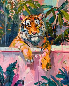 a painting of a tiger sitting in a bathtub surrounded by tropical plants and greenery