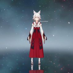 an anime character is standing in front of the sky with stars and clouds behind her