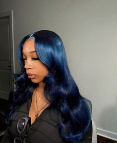 @_theultimateslayer Blue To Black Hair Ombre, Midnight Blue Wigs For Black Women, Black And Blue Sew In, Dark Blue Lace Front Wig, Blue Deep Wave Wig, Midnight Blue Wig, Navy Blue Wig, Blue Hair Black Women, Royal Blue Wig