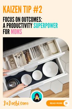 a drawer with utensils in it and the words, kazen tip 2 focus on