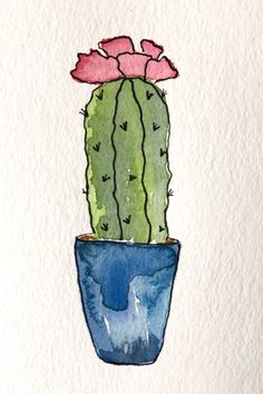 a watercolor painting of a cactus in a blue pot with pink flowers on it