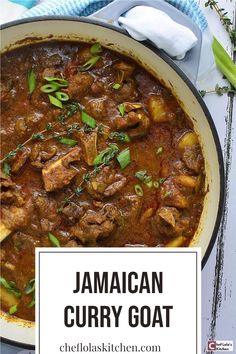 jamaican curry goat recipe in a skillet with text overlay