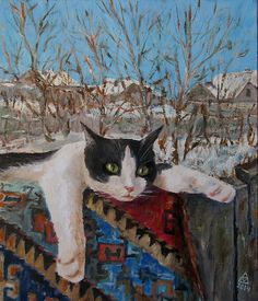 a painting of a black and white cat laying on a blanket looking out the window