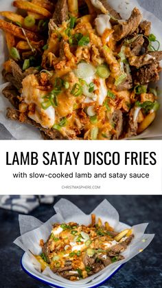 some food that is sitting on top of a blue and white plate with the words lamb satay disco fries