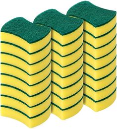 four sponges stacked on top of each other in yellow and green colors with black tips