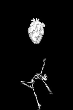 a skeleton is flying through the air in front of a human heart