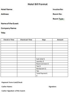 an invoice form for hotel bill format