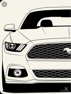 the front end of a white mustang car