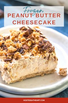 a piece of frozen peanut butter cheesecake on a white plate with the title above it