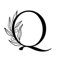 the letter q with an olive branch on it's left hand side, in black and white