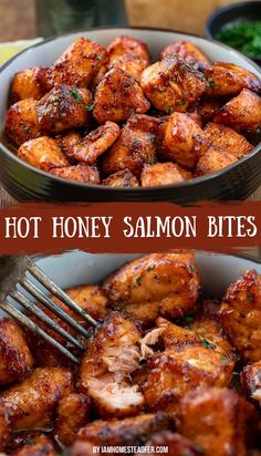 two bowls filled with hot honey salmon bites