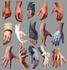 many different hands are shown together on a gray background