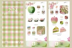 two screens showing different food items in pink and green plaid pattern, one with an apple