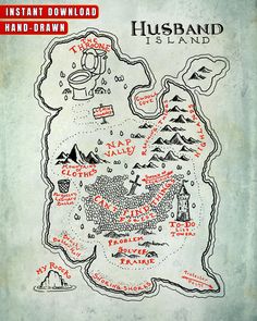 the map for husband island, which has been drawn in red and black on white paper