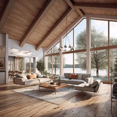 a living room filled with lots of furniture next to large windows on top of a wooden floor