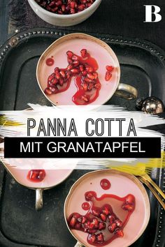 panna cota with pomegranate sauce in two bowls