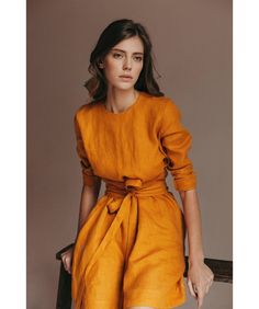 Tunik Linen, Sukienki Maksi, Linen Dress Women, Dress For Summer, Dress Orange, Linen Tunic, Stylish Outfit, Orange Fashion, Soft Grunge