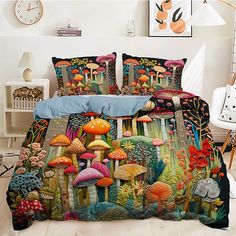 a bed with mushrooms and plants on it