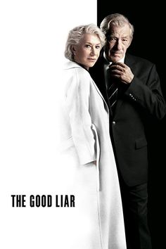 two people standing next to each other in front of a black and white wall with the words, the good liar on it