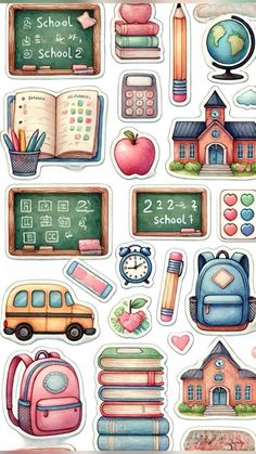 the back to school stickers are shown in various colors and shapes, including books, backpack