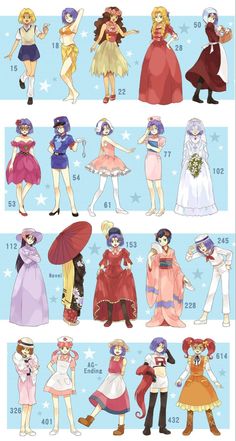 an image of some anime characters in different outfits and hair color scheme for each character