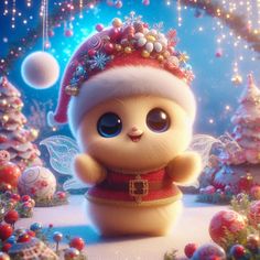 a cute little teddy bear wearing a santa claus hat and surrounded by christmas trees, balls and ornaments