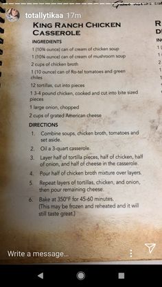 a menu listing the king ranch chicken dinner