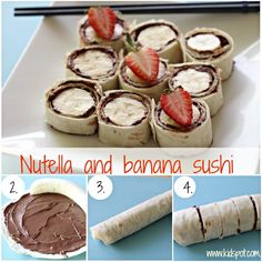 nutella and banana sushi recipe with chocolate, strawberries, and whipped cream