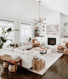 a living room filled with furniture and a fire place in the middle of a room