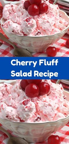 cherry fluff salad recipe with cherries and whipped cream in a bowl on a checkered table cloth