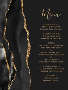 a menu with gold glitters on the edges and black paper that says, menu