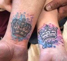 two people with tattoos on their arms and one has a crown tattooed on the wrist