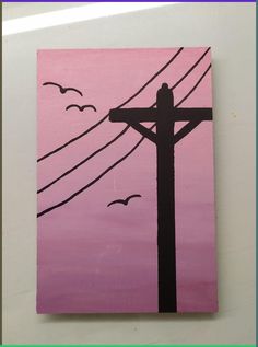 a painting of a telephone pole with birds flying in the sky and pink skies behind it