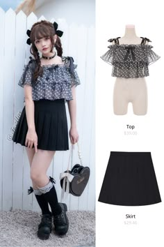 Black and White Plaid Pattern Top Off-the-shoulder Neckline Flounce Hem / Black Pleated Skirt Black Pleated Skirt, Black And White Plaid, White Plaid, Top Pattern, Plaid Pattern, Pleated Skirt, Off The Shoulder, Cute Outfits