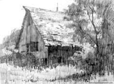 a black and white drawing of an old barn