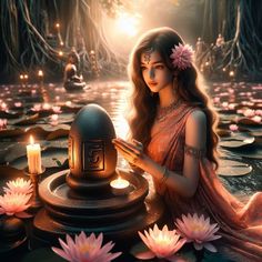 a woman sitting on top of a lily covered pond next to a lit candle and some water lilies