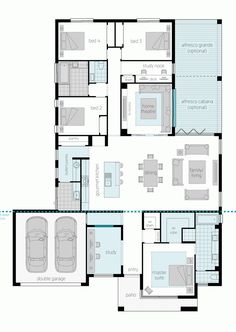 the floor plan for a house with two garages and three bedroom, one living area