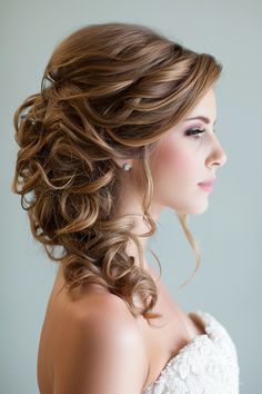 Engagement Shoot Hairstyles, Wedding Hairstyles Side Swept Curls, Side Swept Waves Wedding, Bride Hair Side Swept, Bridal Hair Side Swept Braid, Bride Side Hairstyles, Side Sweep Wedding Hair, Romantic Side Swept Hair Bridal Hairstyles, Bridal Hair Side Swept