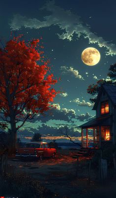 the full moon shines brightly in the night sky over an old house and tree