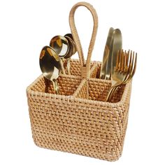 a basket with forks and spoons in it