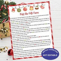 a printable christmas gift game with presents on the table next to it and an ornament