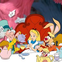 cartoon characters sitting at a table with teapots and cups in front of them