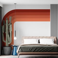 a bedroom with an orange and red accent wall next to a large cactus in the corner